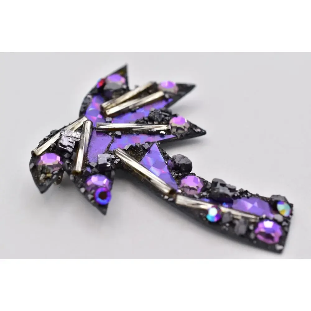 Vintage Designer Signed Palm Tree Brooch Purple Mosaic Galena Crystal Pin BinBI